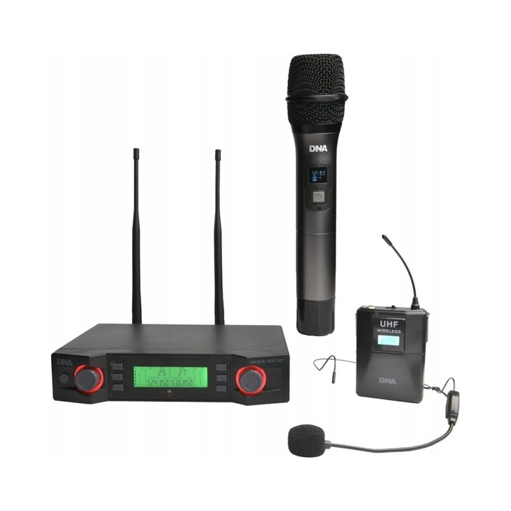 Set microfoane wireless DNA VM Dual Vocal Head Set UHF 518-542 MHz, microfon handheld si bodypack cu microfon de cap, negru, 1 set