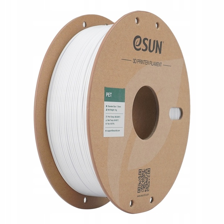 Filament PET eSUN, филамент за 3D принтер, с висока термична устойчивост, с прецизни размери, Бял, 1 кг, 1.75 мм