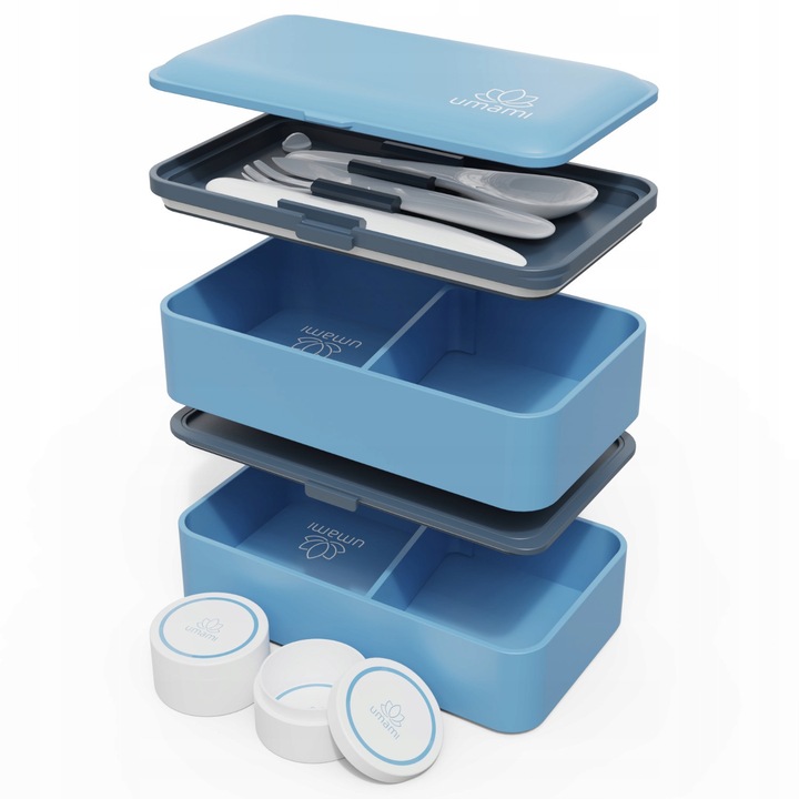 Кутия за обяд bento Umami Original, херметична със силиконово уплътнение, без BPA, с 2 контейнера за сос 30ml и прибори, синя, 1200ml (2x600ml)