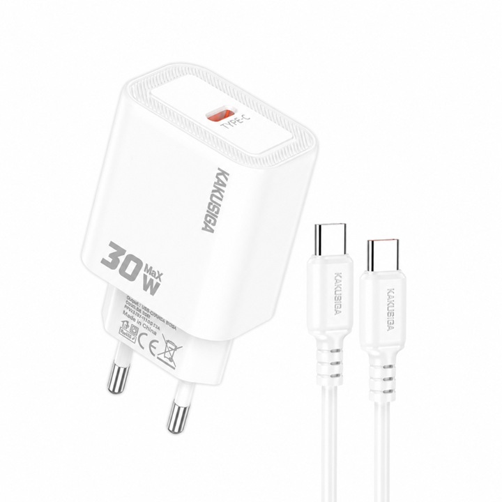 Incarcator Retea 30W PD cu Cablu USB-C 1m Inclus, Incarcare Ultra Rapida, Fast Charge, Alb