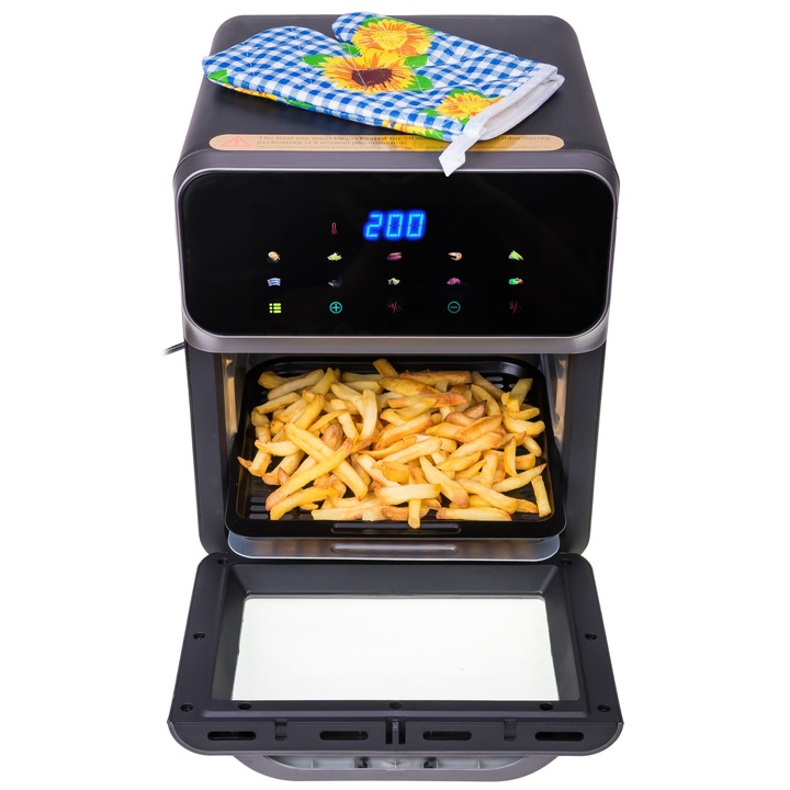 Linbox Air Fryer olajmentes fritőz, 1400W, 10 előre beállított program, 80–200°C szabályozás, kosár ablakkal és 2 tálcával, Fekete, 8L