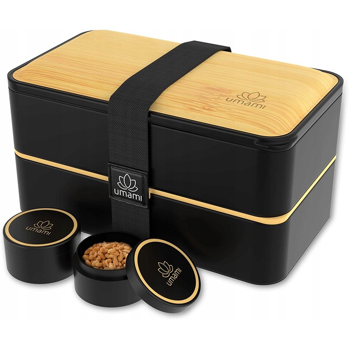 Кутия за обяд Umami Bento, дърво, 1200мл, черно-кафяво, комплект с прибори и сосове