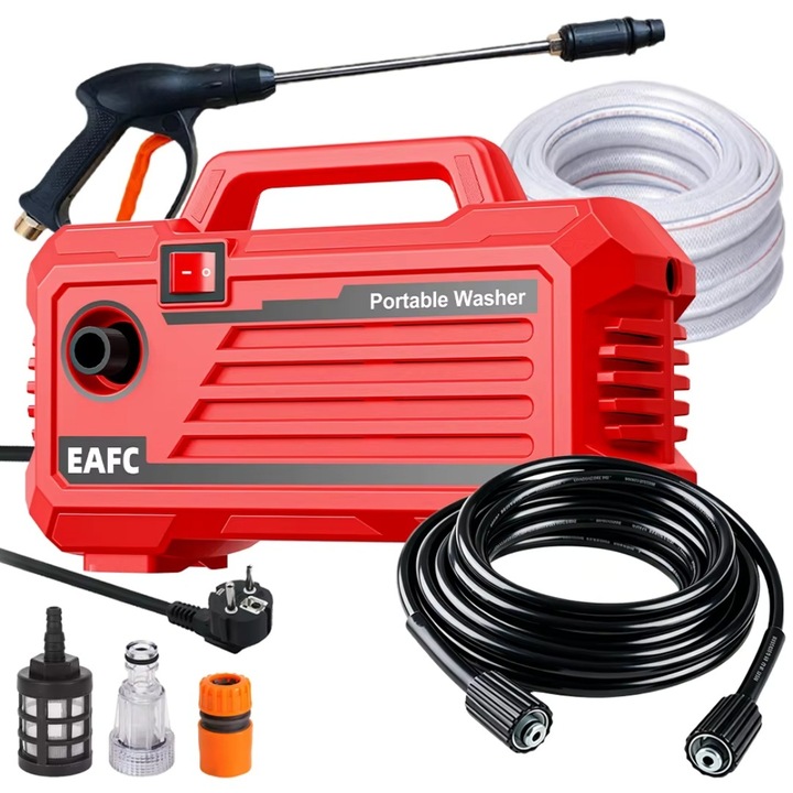 Masina de Spalat Auto de Inalta Presiune 2000W, 200Bar, Pistol cu ​​Apa Portabil, Pentru Spalarea Masinilor, Curatarea Terasei/Aleilor, Rosu