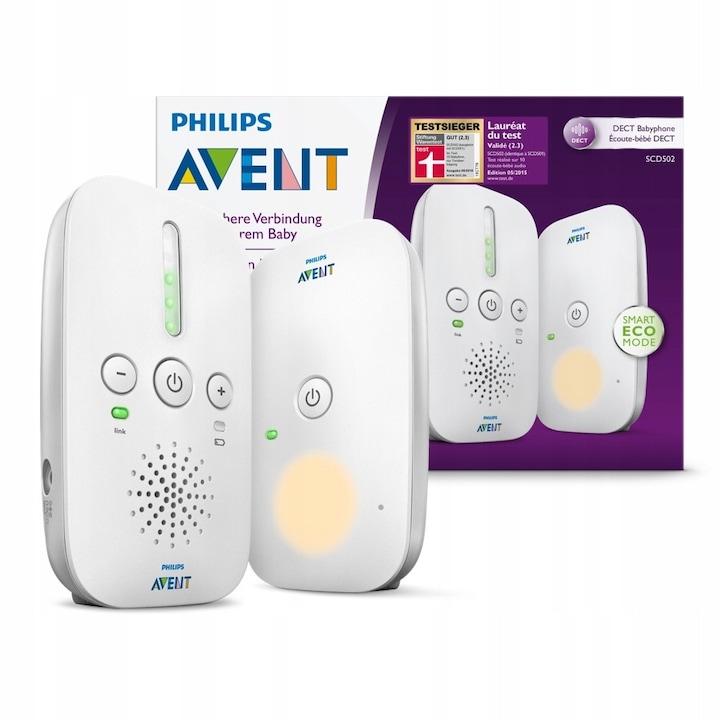 Аудио монитор Philips Avent SCD502/26, бебефон, с DECT технология, Smart ECO режим, нощна лампа, бял