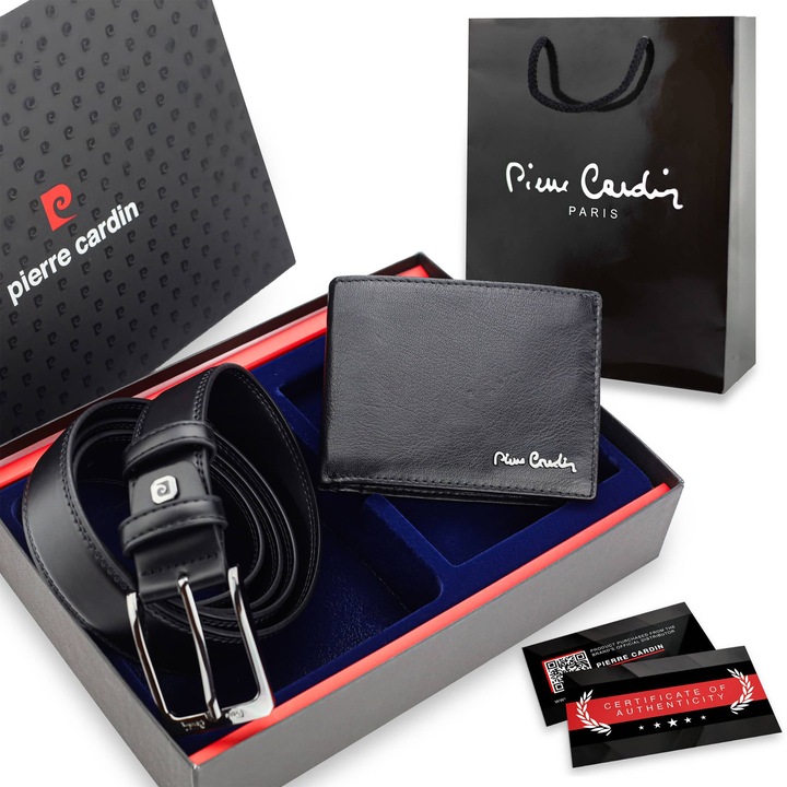 Set cadou PIERRE CARDIN ZG-E-01, 2 bucati, Portofel barbati si Curea barbati, Piele naturala, Protectie RFID, 130 cm, Negru