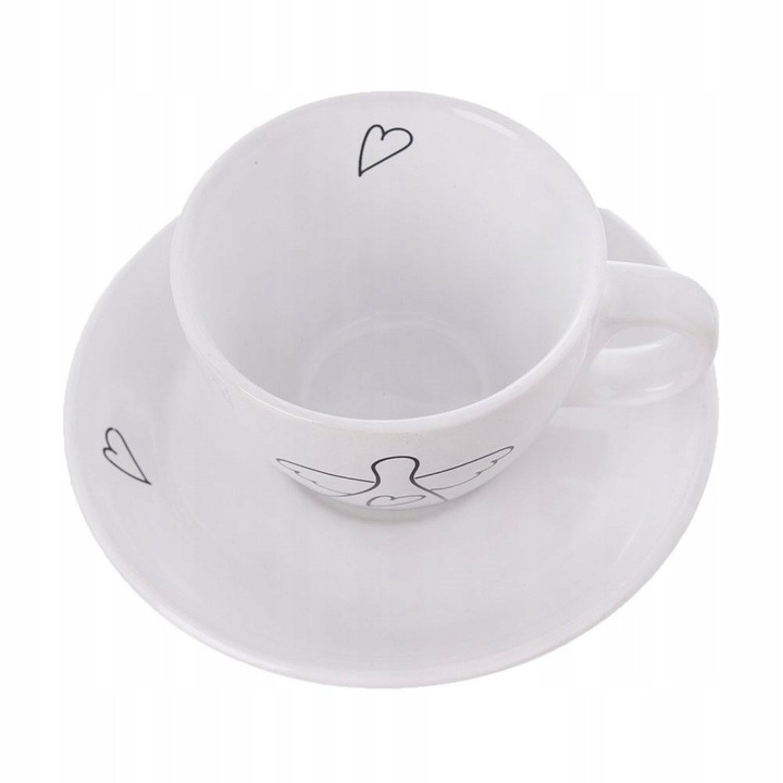 Set 2 bucati, cesti espresso Artemis, ceramica, cu farfurioare, decor inger si inima negru, alb/negru, 2 x 90 ml