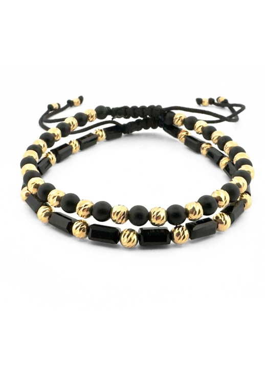 Set Bratari cu Bile Argint 4mm Placate cu Aur 18K, Onix si Cristale Tubulare - Snur Reglabil, Unisex
