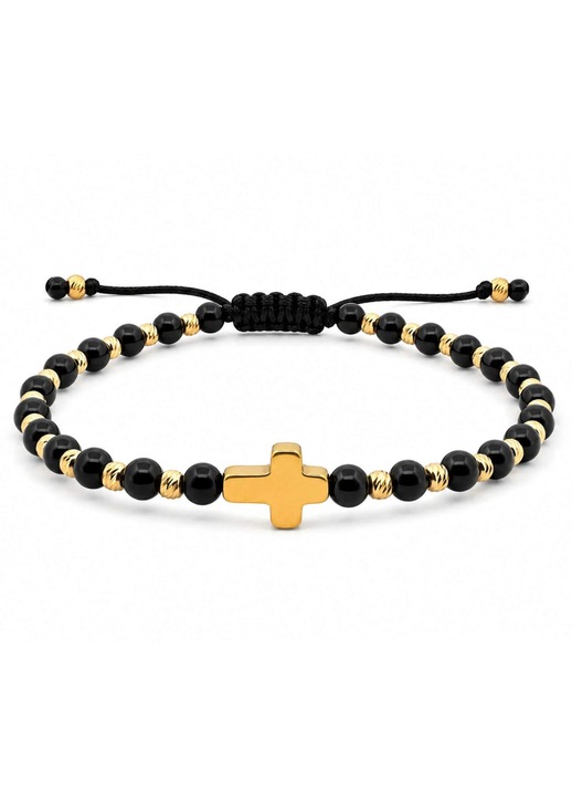 Bratara Onix cu Cruce Aurie din Hematit si Argint 925 Placat cu Aur 18K – Snur Reglabil, Protectie si Eleganta