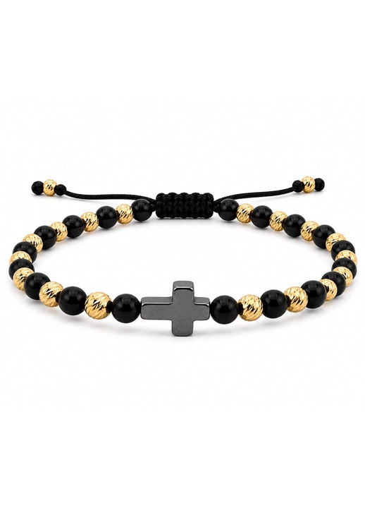 Bratara Onix cu Cruciulita Hematit si Bilute Argint 925 4mm Placate cu Aur 18K – Snur Reglabil, Protectie si Putere