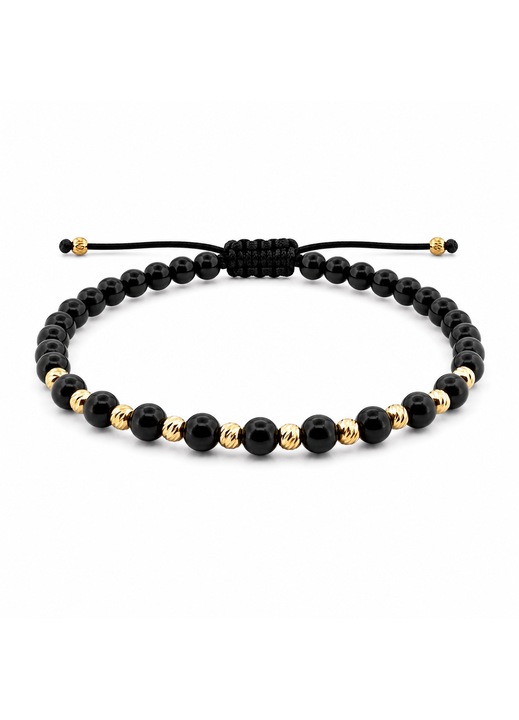 Bratara Onix Negru Lucios 4 mm cu 12 Bilute Argint Placate Aur 18K – Snur Reglabil Unisex