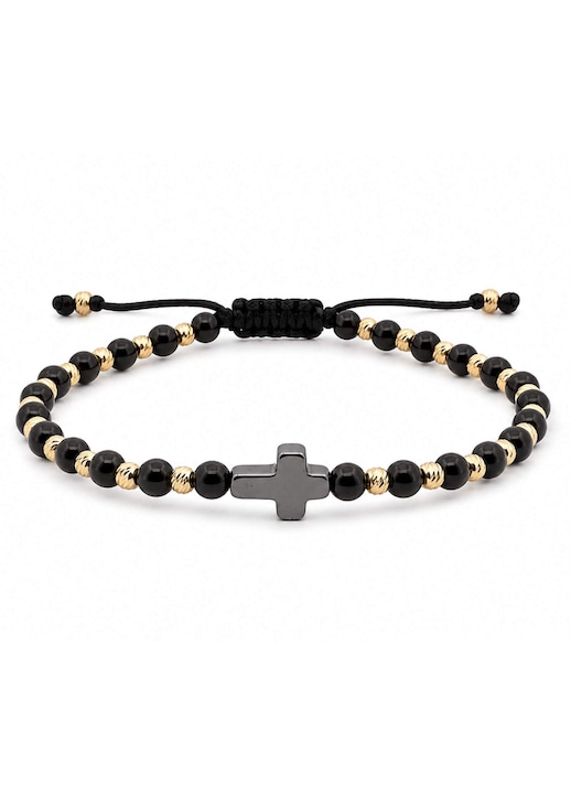 Bratara Onix cu Cruciulita Hematit si Bilute Argint 925 Placate cu Aur 18K – Snur Reglabil, Protectie si Putere
