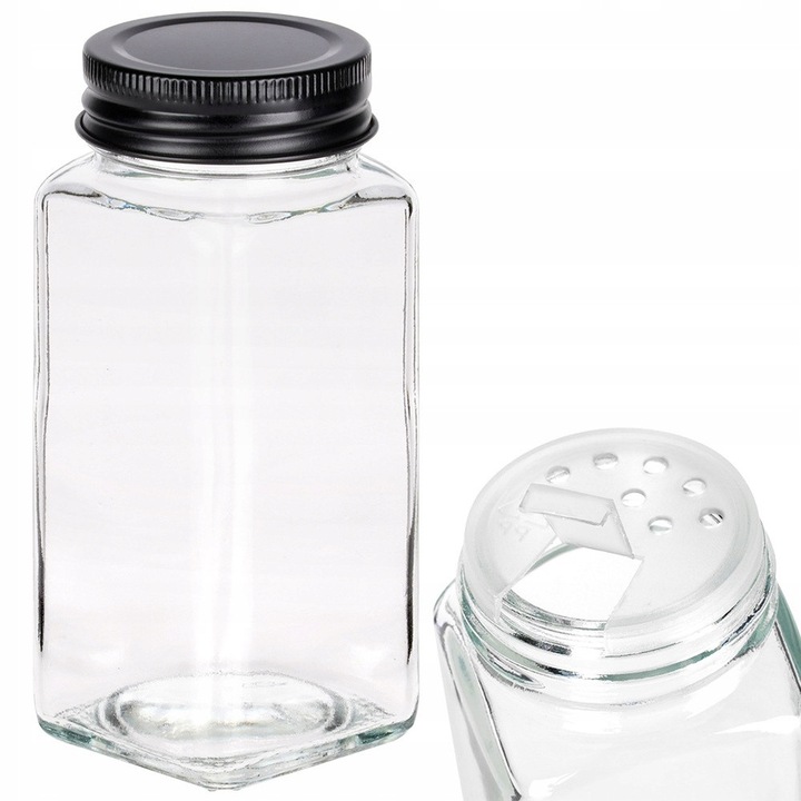 Set 24 bucati, Borcane/recipiente pentru condimente Artemis, din sticla, cu capace dozatoare si etichete incluse, transparent/negru