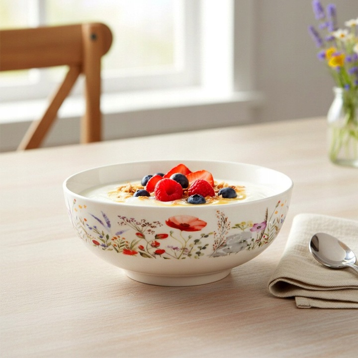 Bol/salatera din portelan Artemis cu decor floral, compatibil cu masina de spalat vase si cuptorul cu microunde, alb, 1,6 l, 20,5 x 8 cm
