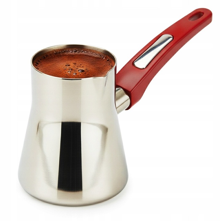 Ibric Artemis (cezve) pentru cafea turceasca, otel inoxidabil, maner ergonomic, picurator integrat, inox/rosu, 330 ml
