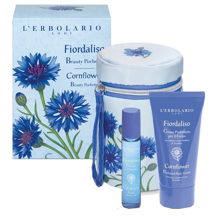 Set L'Erbolario Fiordaliso Beauty Pochette, editie limitata, continand un parfum gel roll-on de 15 ml si o crema de corp parfumata de 75 ml