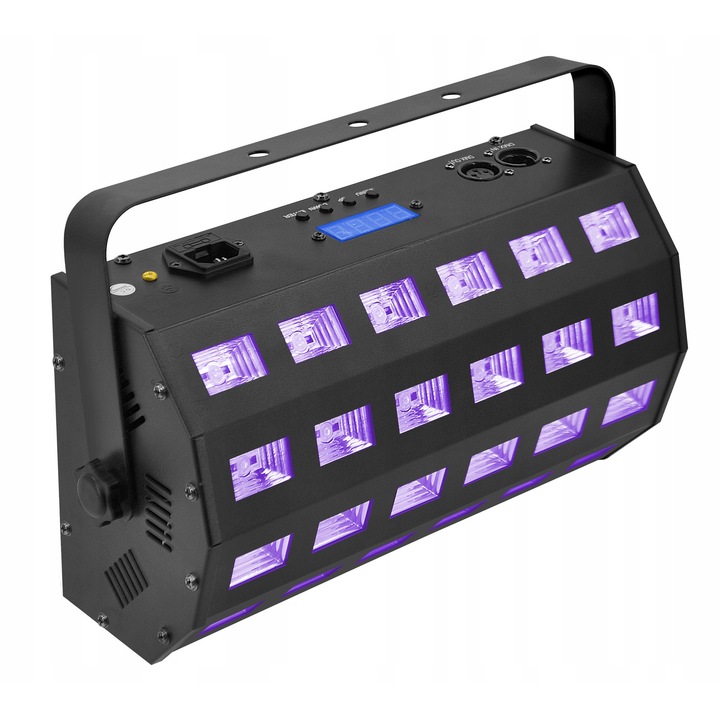 Reflektor UV Light4Me, UV színpadi projektor 24 + Strobe DMX, 24x3W LED UV+W, állítható frekvenciájú stroboszkóp, DMX512/auto/sound/master-slave, fekete, 31 x 18 x 12 cm