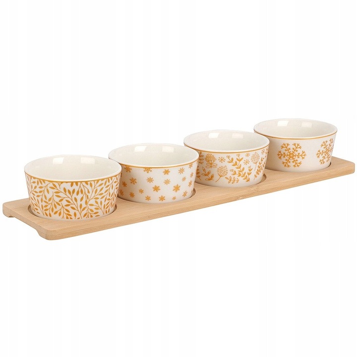 Set 4 bucati, boluri Artemis pentru aperitive si sosuri, ceramica, pe tava din lemn, alb/auriu