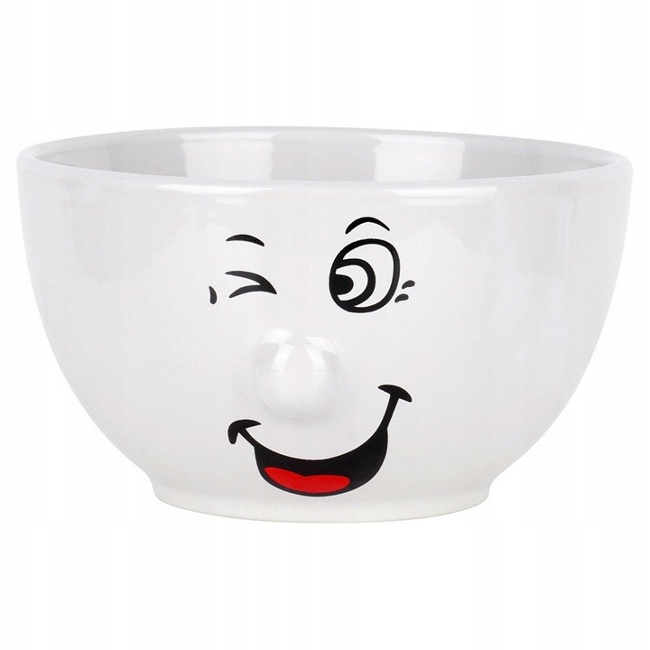 Bol/Salatera Artemis pentru supa si cereale, din ceramica, cu imprimeu fata zambitoare, alb, 6 bucati