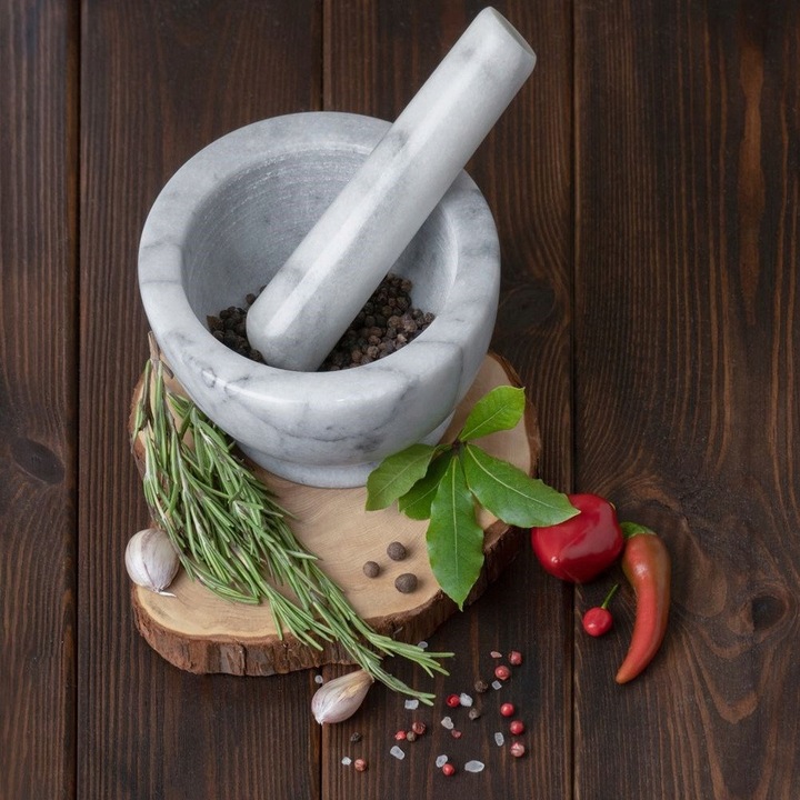 Mojar marmura Artemis pentru condimente si pesto, piatra, 15x10cm