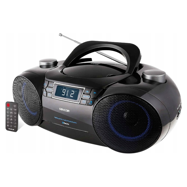 Radio boombox Sencor SPT 4700, Bluetooth, CD/MP3/USB/SD, tuner FM 40 statii, telecomanda, egalizor 4 moduri, 12W RMS, negru cu accente albastre, 389x142x227 mm