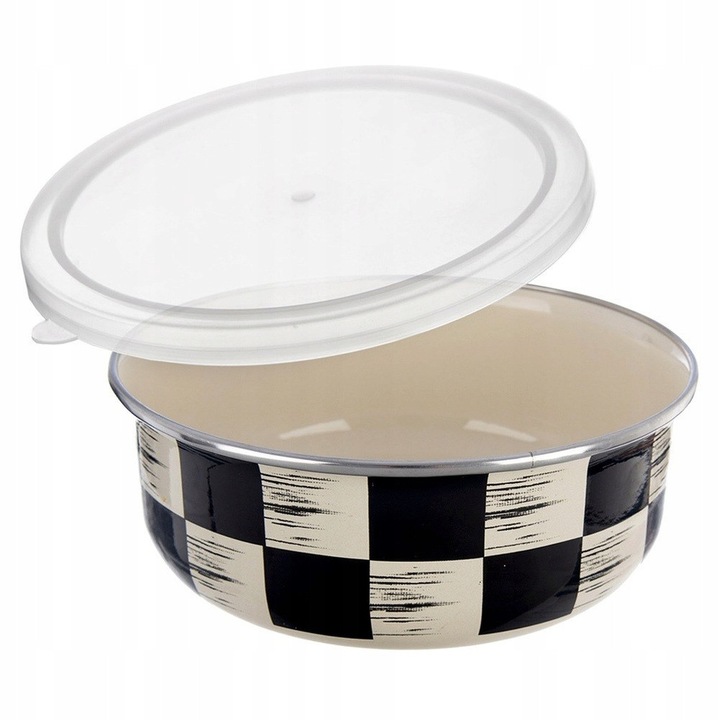 Bol emailat Artemis, cu capac din plastic, recipient de servire si depozitare, negru/crem, 1,5L