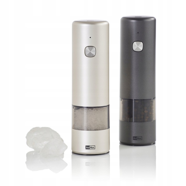 Set 2 bucati, Macinator electric Adhoc i.Mill, rasnita pentru sare si piper, reincarcabil USB-C, mecanism de macinare din ceramica reglabil, LED, SilentDrive silentios, gri deschis/gri inchis, 17 cm