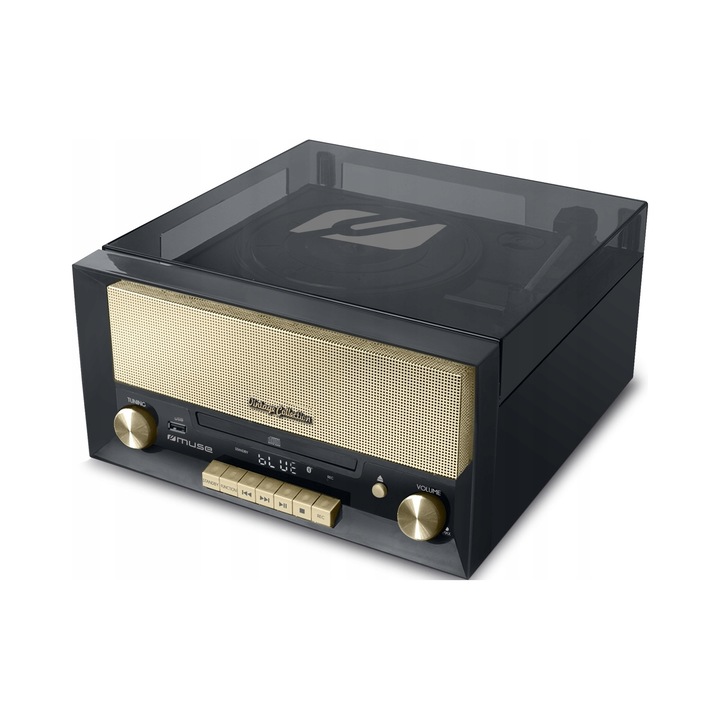 Gramofon retro Muse MT-110B cu CD si Radio FM, Bluetooth/USB, Negru, 17,1 x 34,3 x 32,4 cm