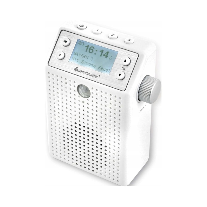 Радио Soundmaster DAB60WE DAB+ и FM (UKW), Bluetooth, USB-A, функция свободни ръце с вграден микрофон, устойчиво на пръски, захранване от мрежата и Li-Ion батерия, 40 предварителни настройки, бяло