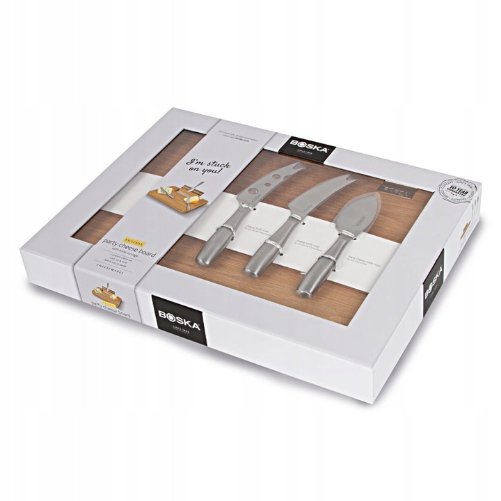 Platou pentru branzeturi Boska Party, placa de servire din lemn de stejar, cu 3 cutite din otel inoxidabil, banda magnetica si sertar pentru cutite, natural, 1 set