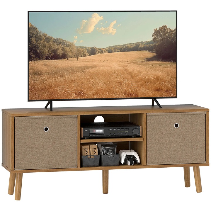 Comoda TV, 2 sertare textile, 2 rafturi deschise, orificii pentru cabluri, pentru TV pana la 127 cm, lungime 110 cm, lemn, maro