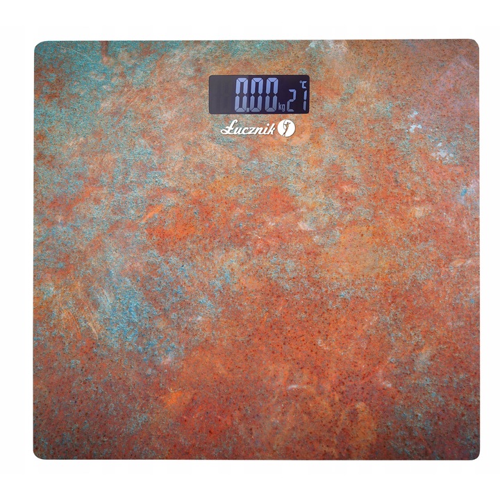Lucznik BS-973 W20 Loft-Style Rust fürdőszobai mérleg, elektronikus, megvilágított LCD kijelző, edzett üveg platform 28x28 cm, kapacitás 150 kg, pontosság 0,1 kg, mértékegységek kg/lb/st, elemek mellékelve, többszínű