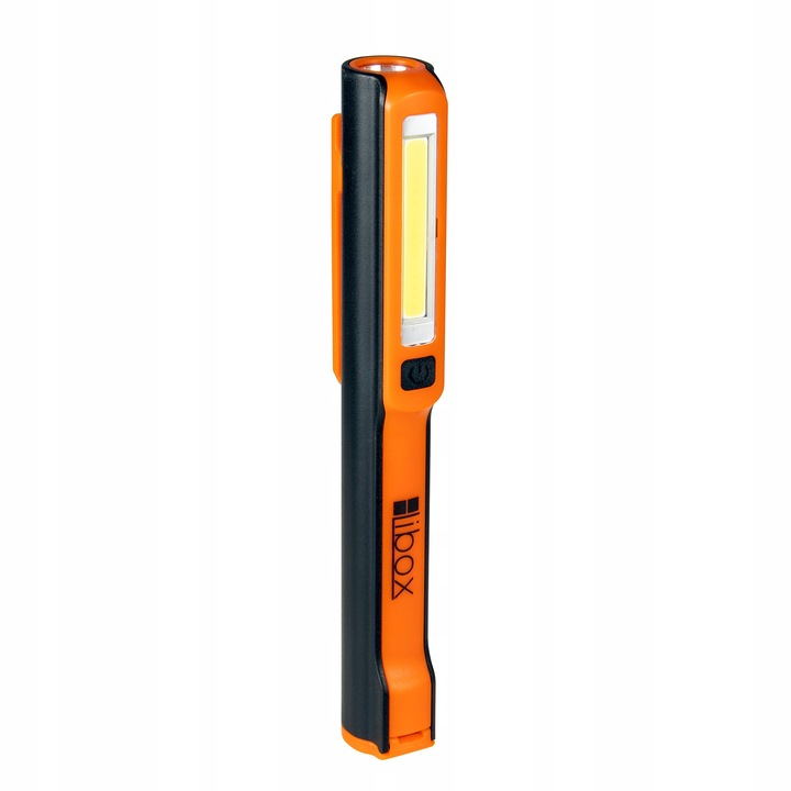 Lampa de atelier Libox LB0189, LED фенер с акумулаторна батерия 3,7V 1200mAh, страничен COB LED 200 lm, преден LED 3W 150 lm, зареждане micro USB, магнити и щипка, оранжево/черно, 20см