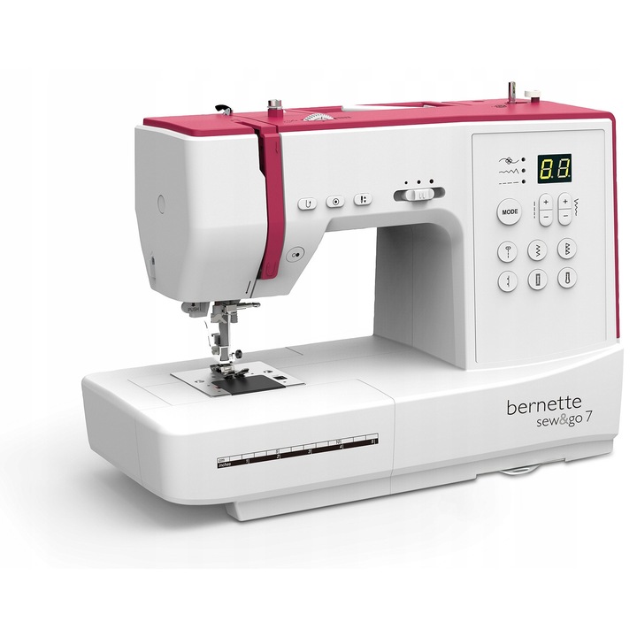 Bernette Sew&Go 7 számítógépes varrógép, 80 program, dupla tűs varrás és 7 tartozék talp, max. 7 mm szélesség, max. 4.5 mm hosszúság, fehér/rózsaszín
