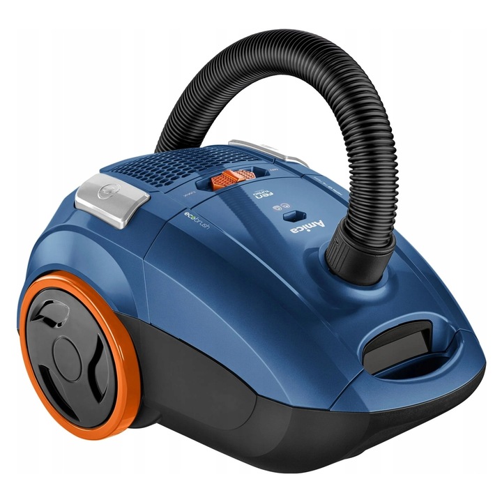 Прахосмукачка с торба Amica VM2062 Fen Turbo, HEPA 13 филтър, турбо четка за животни, индикатор за пълна торба, синьо/оранжево