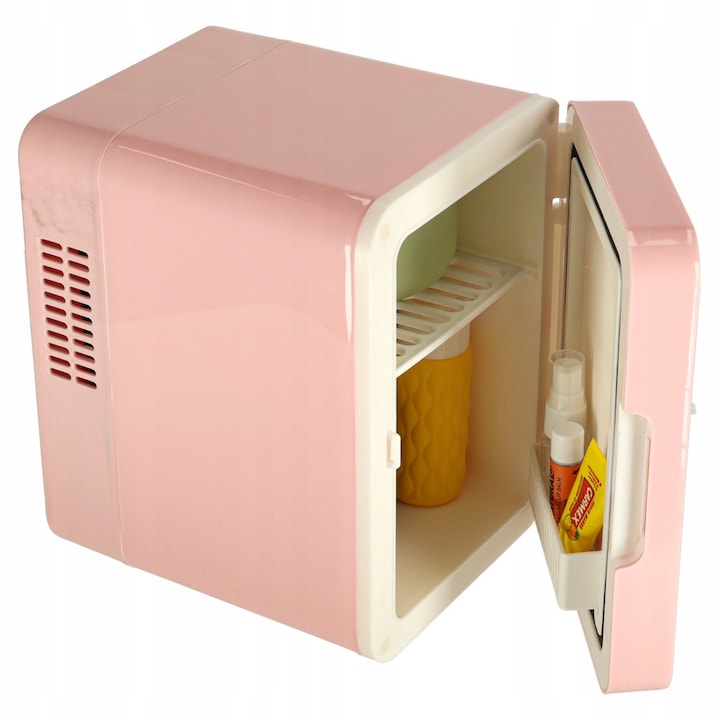 Frigider portabil auto mini KX3056, cu functie racire si incalzire, alimentare 12V/100-240V (USB-DC si AC), 4L, Roz