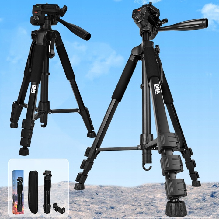 Фотографски статив DNA T181 (трипод), 3D PTZ глава, държач за смартфон, от алуминий и ABS, капацитет 3 кг, регулируем 53-180 см, черен