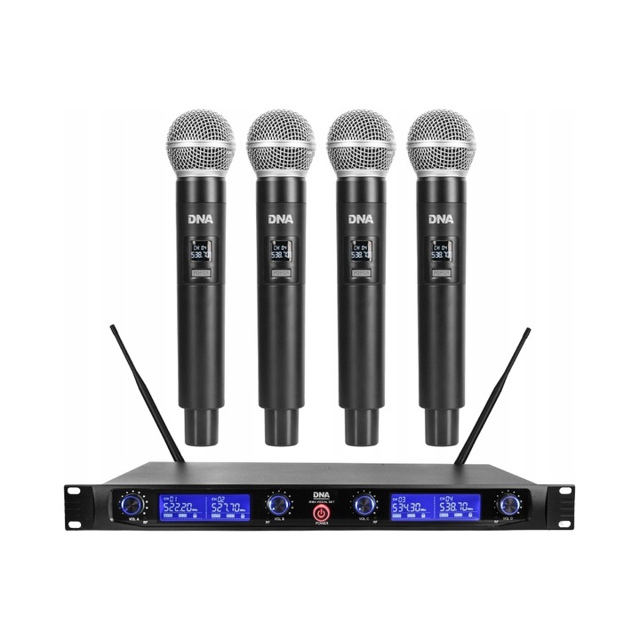 Set 4 bucati, Microfon dinamic wireless DNA WM4 VOCAL SET, receptor cu montaj in rack si 4 iesiri XLR, autonomie pana la 8 ore, Negru, 4 x microfon