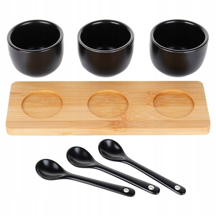 Set 3 boluri castronase Artemis, ceramica pe tavita din bambus, cu 3 linguri, apt pentru masina de spalat si microunde, negru/bambus, 3 x 90 ml