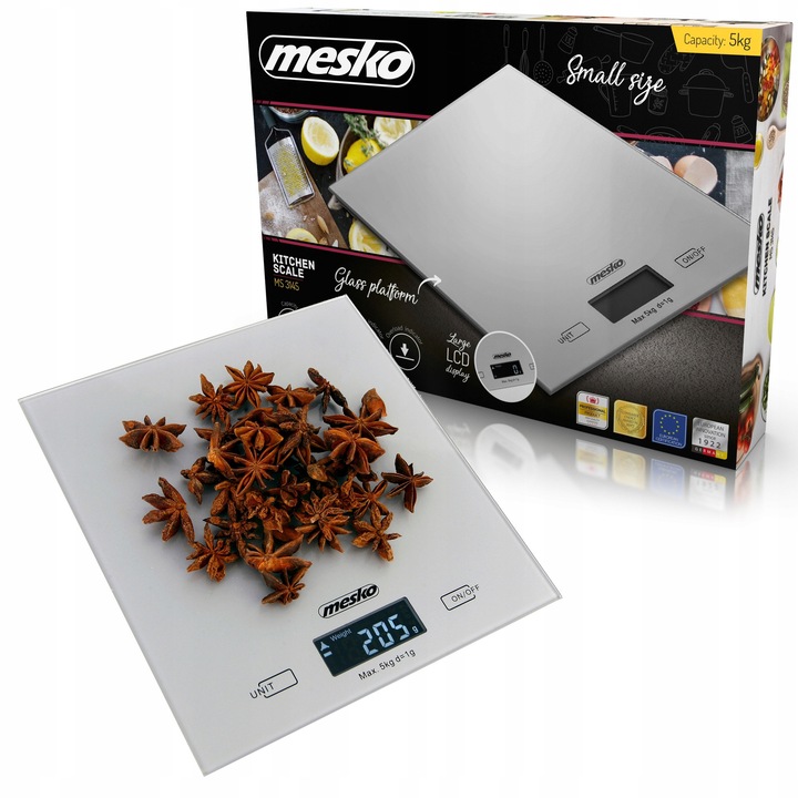 Mesko MS 3145 elektronikus konyhai mérleg, üvegfelület, LCD kijelző, 1 g pontosság, fehér, 5 kg