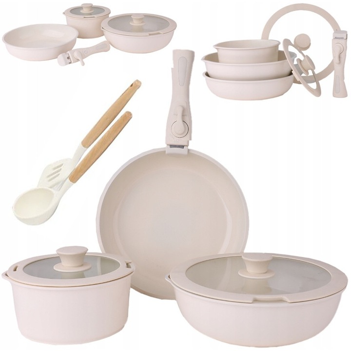 Комплект тенджери и тиган Zilan Beige Chef, 8 части, незалепващо покритие, бежов, 18.5x5см и 26x8см