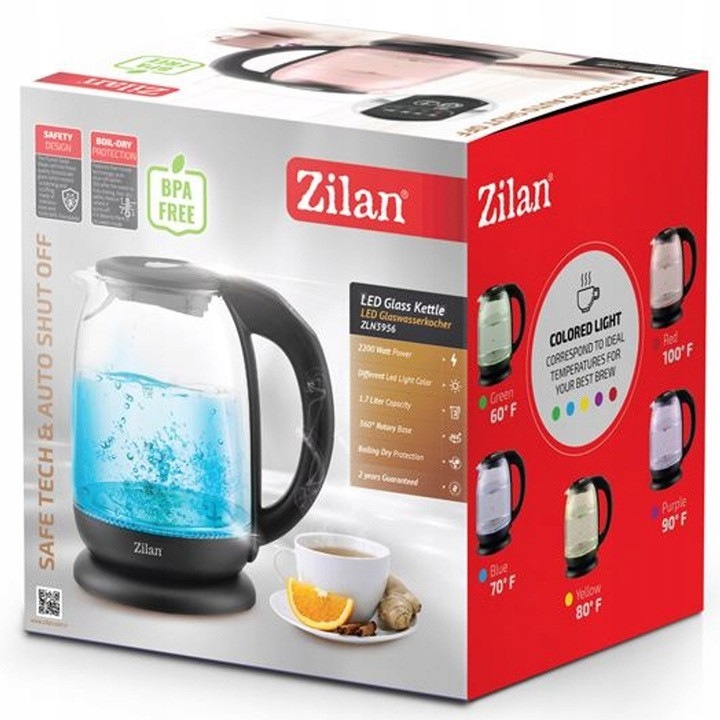 Zilan elektromos vízforraló 1.7L hőmérséklet-szabályozás 5 színű LED 2200W