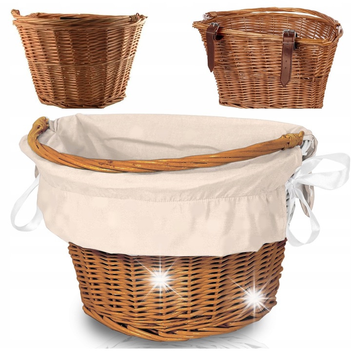 Ikonka, Fonott kerékpárkosár kivehető textil béléssel, pántos rögzítés a kormányra, 7 kg kapacitás, Natúr, 36x26x30 cm