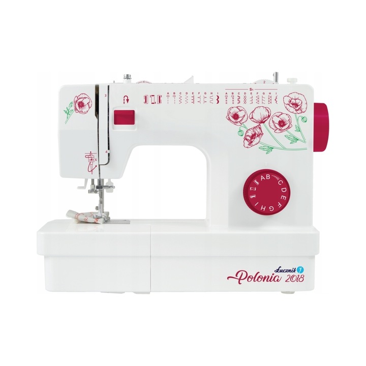 Lucznik Polonia 2018 varrógép, 22 öltés, automata tűbefűző, overlock öltések, LED világítás, fehér/piros, 1 db.