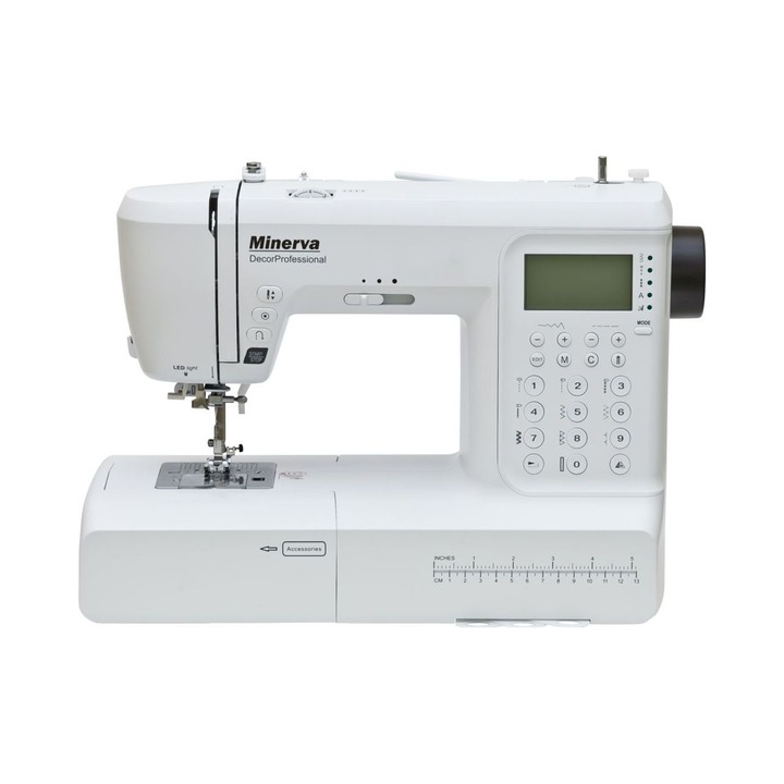 Masina de cusut Minerva DecorProfessional, 400 programe, LED, alb, cu dimensiuni standard