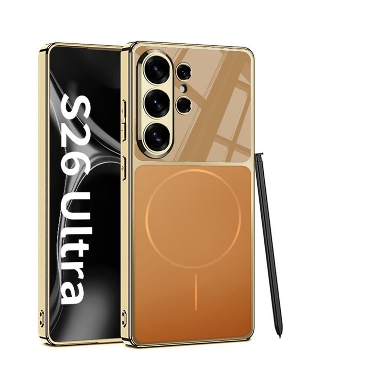 Mágneses tok Samsung Galaxy S26 Ultra, Luxus, Kemény PC, Vezeték Nélküli Töltéssel Kompatibilis, Ütésálló Védelem, Narancssárga