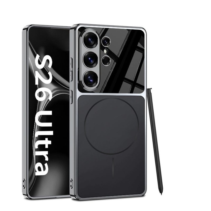 Samsung Galaxy S26 Ultra mágneses tok, Luxury, kemény PC, vezeték nélküli töltéssel kompatibilis, ütésálló védelem, fekete