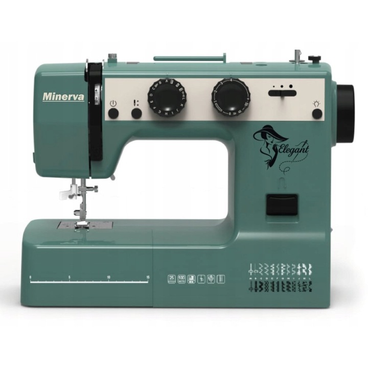 Masina de cusut Minerva Elegant, motor servo 100 W, 24 programe, functie start/stop si reglaj viteza, Verde, 1 buc