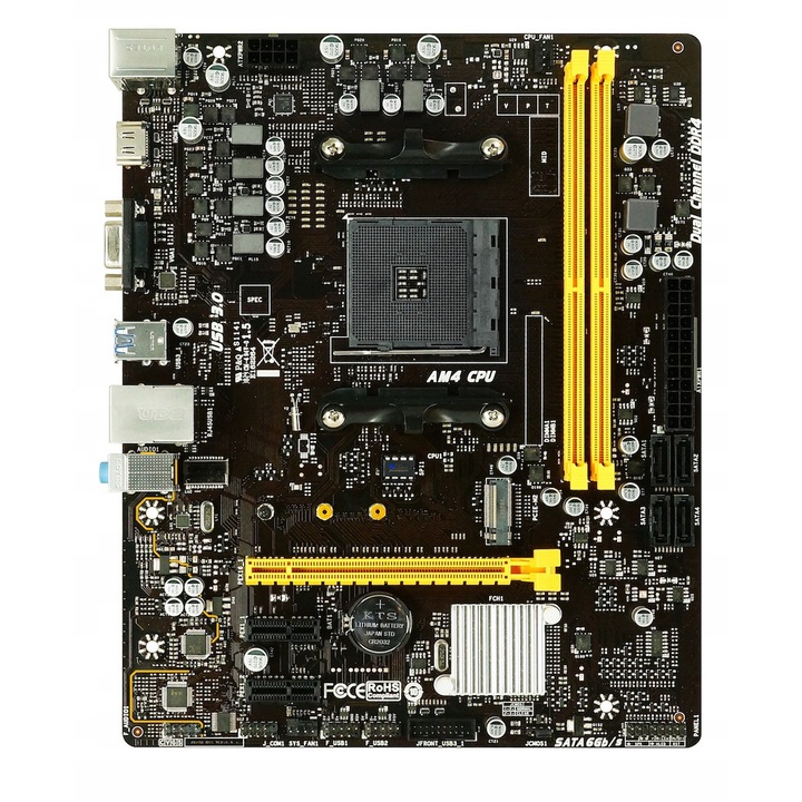 Дънна платка Biostar B450MH AM4, Micro ATX, чипсет AMD B450, цокъл AM4, M.2, USB 3.1 Gen1, SATA III, HDMI, 2 x DIMM DDR4, Черно/жълто, 1 бр.
