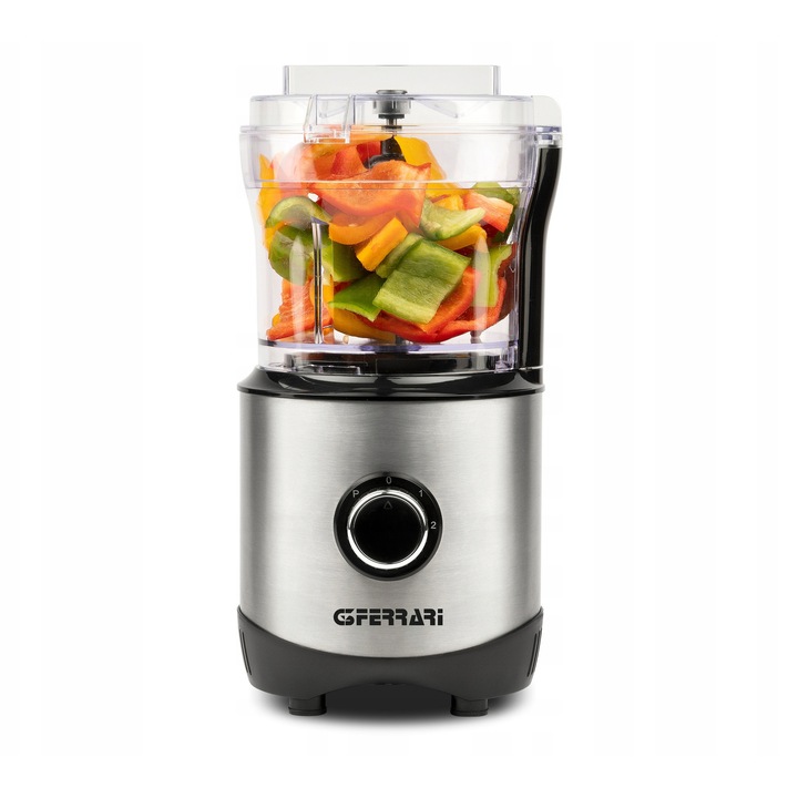 Robot de bucatarie tocator G3Ferrari G20158, 300W, 2 viteze + functie puls, disc dublu din otel inoxidabil pentru feliere, sistem non-stop, picioruse antialunecare, inox/negru, 400 ml