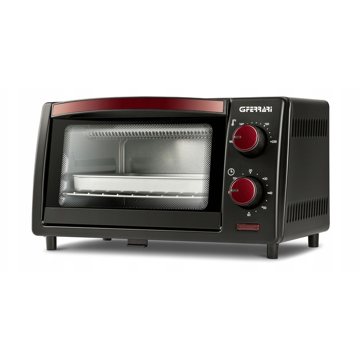 Cuptor electric de masa G3Ferrari Il Moro 10, 800W, capacitate 10L, termostat reglabil 100-230°C, timer 60 min, elemente de incalzire cu cuart, usi cu geam dublu, tava si gril incluse, negru